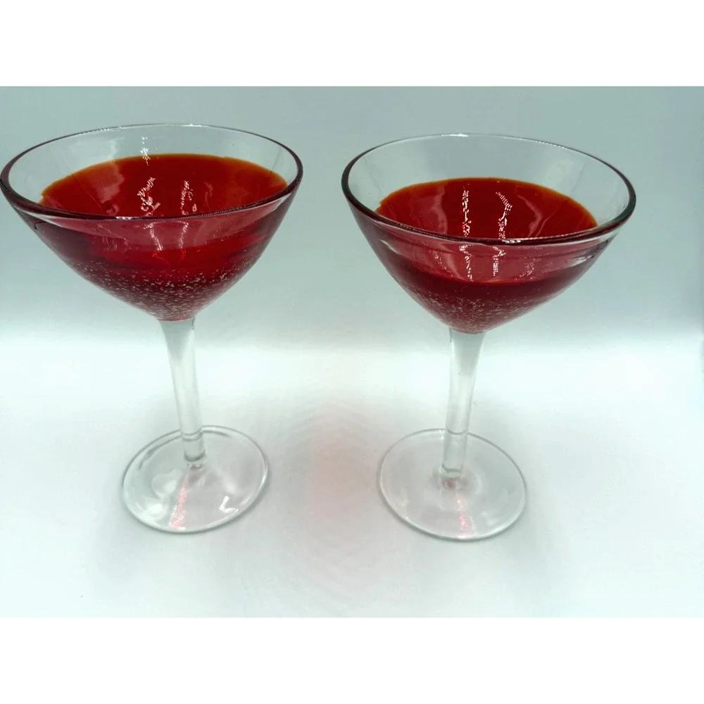 Set Ruby Red Ombre Gold Glitter Dipped Hand Blown Wine Martini Glasses Cocktails
